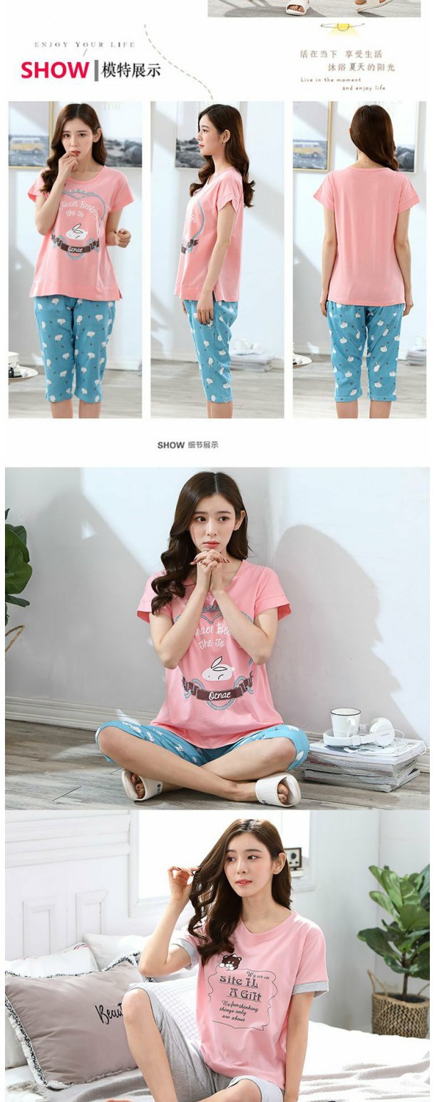 Bộ đồ ngủ mùa hè của phụ nữ phù hợp với quần cotton ngắn tay cắt quần hai mảnh mỏng quần kích thước lớn dịch vụ nhà lỏng lẻo có thể được mặc đồ bộ nữ mặc nhà