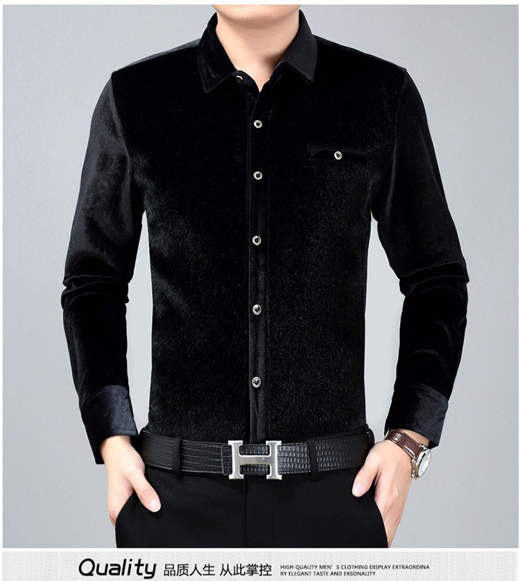 Mùa đông cộng với áo nhung nam hai mặt dài tay ấm dày giả nước bờm nam màu rắn áo bố áo khoác sơ mi nam