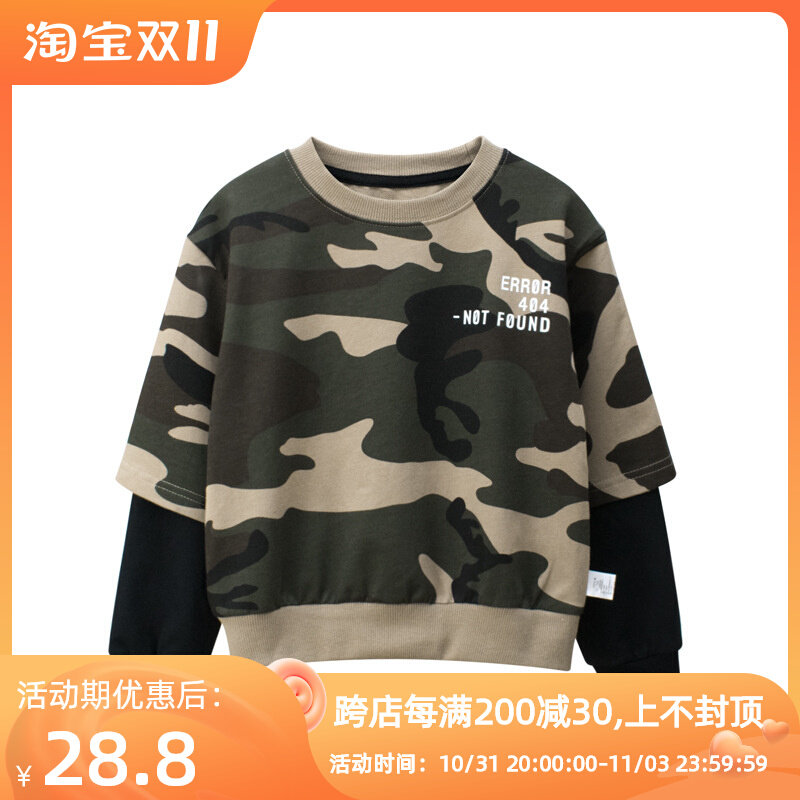 Boys' new thick cotton T spring and autumn models 2022 leisure fake two-piece pullover sweater children's cotton long-sleeved camouflage top