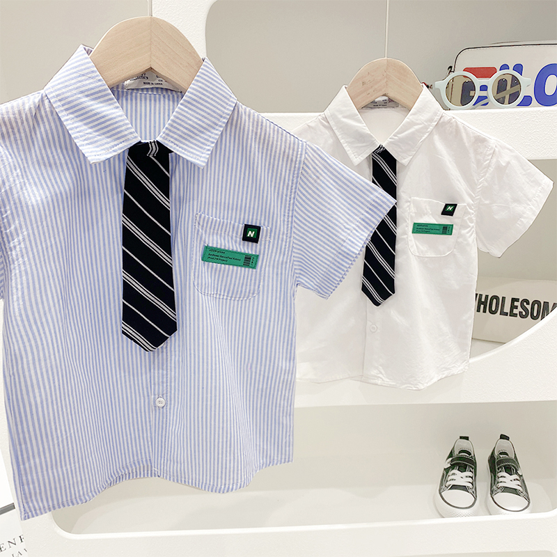 Boys' Short-Sleeved Shirts, New Spring and Autumn Thin Style, Fashionable Small Tie, Trendy and Stylish Pure Cotton Shirts for Small and Medium-Sized Children