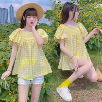 Pregnant woman t-shirt summer suit fashion style hot mom foreign style age-reducing doll shirt Plaid shirt summer two-piece set