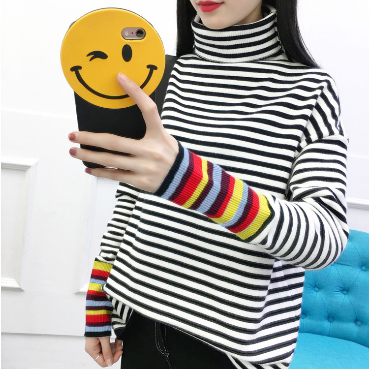 Pregnant women's sweater in autumn and winter Han edition loose knitting with striped stripes high-collar short coat winter clothing mom