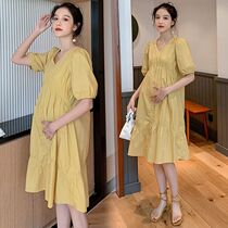 Pregnant summer fashion tide mother temperament V-neck foreign style Korean version large size belly cover loose top medium and long maternity dress