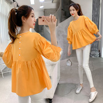 Pregnant autumn t-shirt Korean version of the little man early spring cute maternity doll shirt autumn short top two-piece set