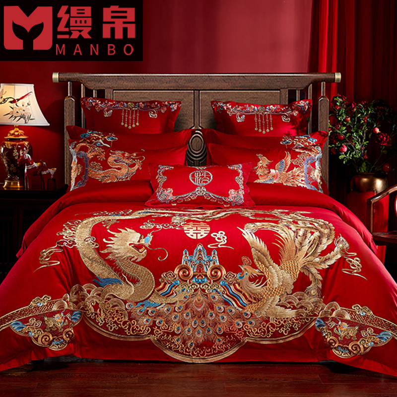 Wedding 80-count cotton jacquard four-piece set red long-staple cotton embroidery flower quilt wedding 60-80-piece bedding set