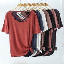 2020 new round neck short sleeve T-shirt female sexy backless Hollow cross solid color yoga dance practice shirt