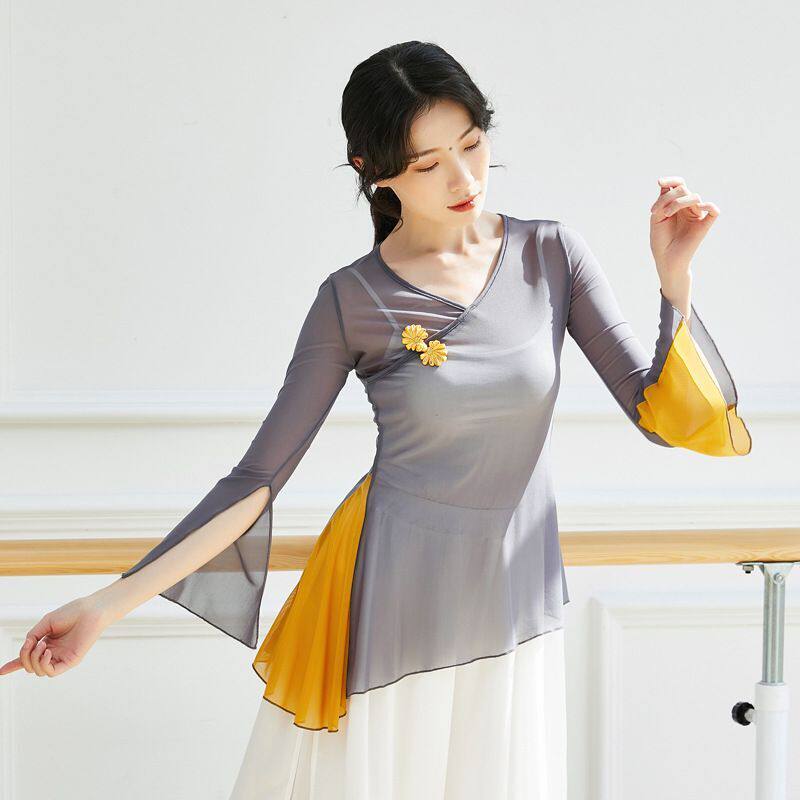 2021 spring and summer new classical dance practice suit female split horn sleeve color mesh national dance body rhyme yarn dress