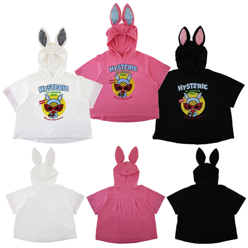 In-Stock Summer New Children's Clothing Japanese-Style Cartoon Cute Black Rabbit Ear Hooded Short-Sleeve T-Shirt