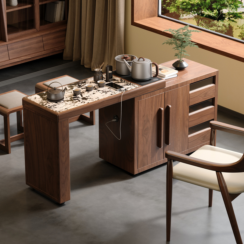 Balcony Tea Table, Small Mobile Solid Wood Tea Cart, Living Room Household, Mid-Century Style, Tea-Making Integrated, Retractable and Rotating Tea Table