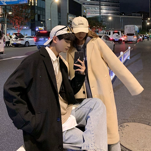 Осеннее шерстяное пальто для влюбленных, однотонный плащ