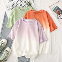 Gradient short sleeve T-shirt female summer new Korean version of literary and artistic hipster fashion trend Joker round neck half sleeve top