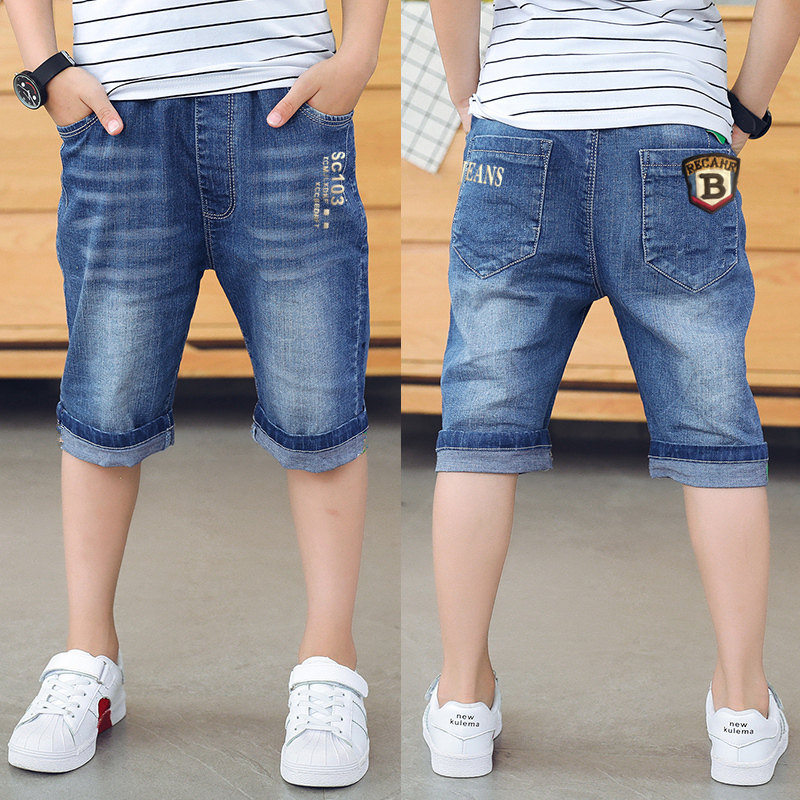 Mùa hè mỏng lỏng thường thẳng quần short denim chàng trai năm điểm quần trẻ em denim giữa quần trẻ em bảy điểm của.