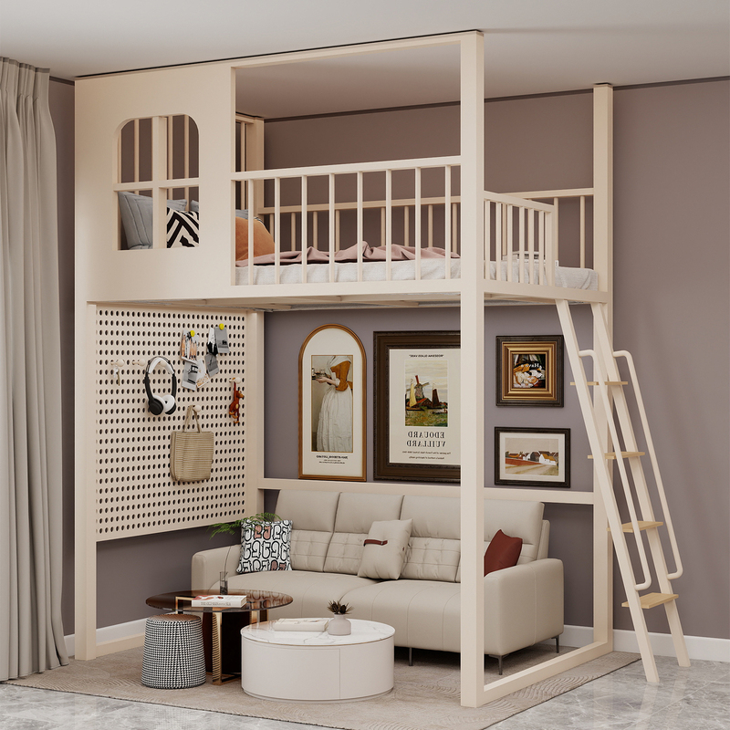 Loft Bed with a Second Floor, Empty Attic Space Below the Bed, Additional High-Legged Bed, Bed with Desk Below, Suitable for Small Apartments, High-Low Bed