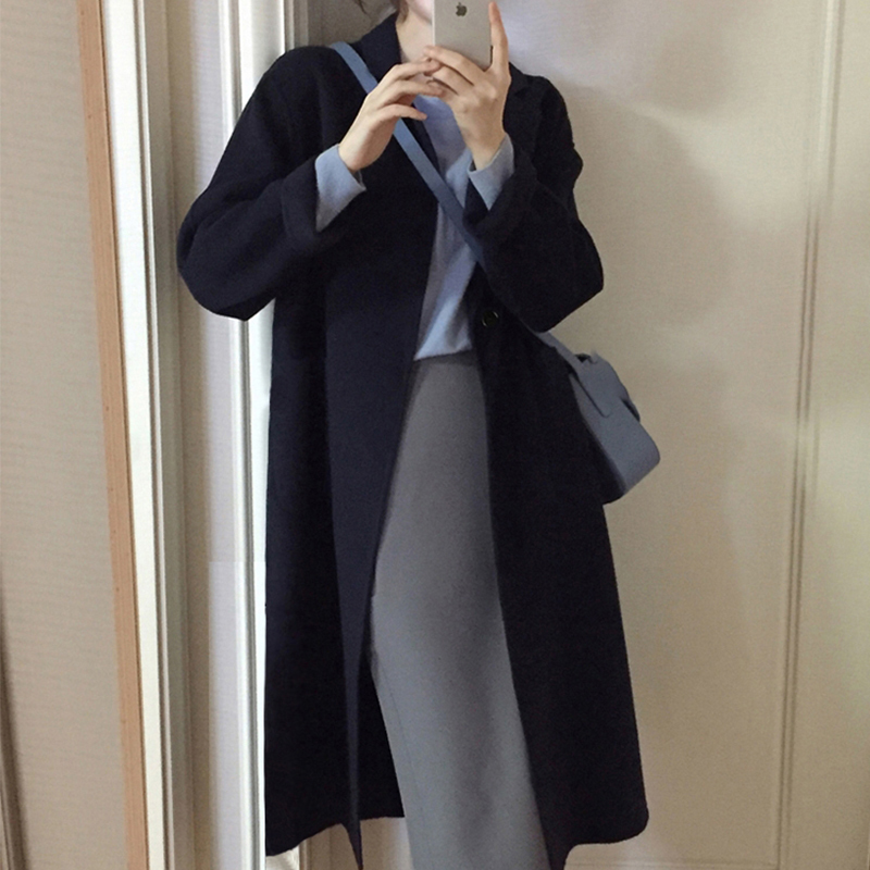 2026 Autumn and Winter New Hepburn Style Woolen Coat Navy Blue Slimming Mid-Length Double-Sided Cashmere Coat for Women 2026 Autumn and Winter New Hepburn Style Woolen Coat Navy Blue Slimming Mid-Length Double-Sided Cashmere Coat for Women