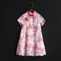 Summer new style girls short-sleeved ramie cheongsam baby childrens princess dress Chinese style Hanfu parent-child mother-daughter