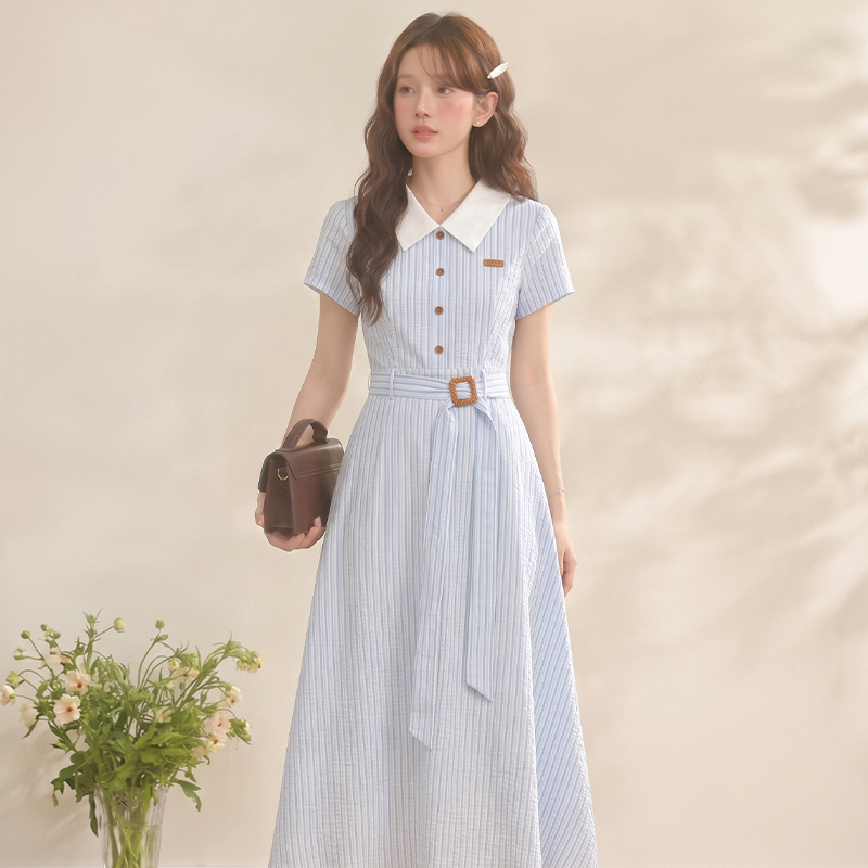 Miaomo【Oxygen Blues】Summer Blue Striped College-Style Dress for Women, Waist-Cinching Work Interview Shirt Dress