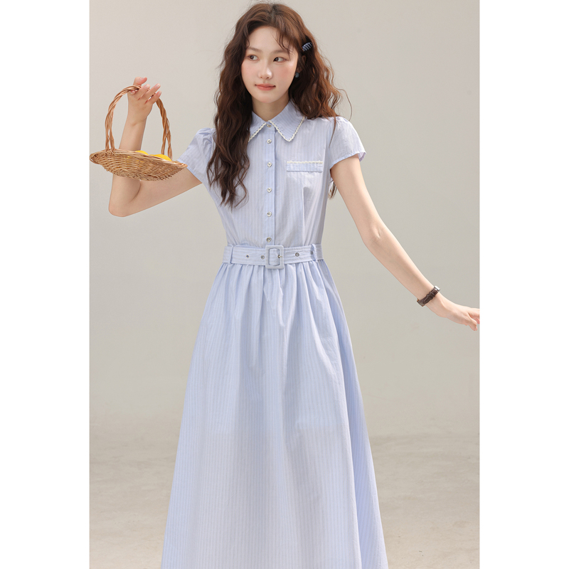 Miaomo [Geometric Style] Summer Blue Striped Artistic Short-Sleeve Dress Women's Waist-Cinching Commuting Shirt Dress