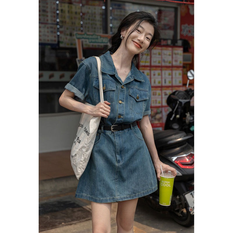2025 Spring/Summer New Hong Kong Style Retro Denim Dress Women's Short Skirt Set Petite Denim Jumpsuit