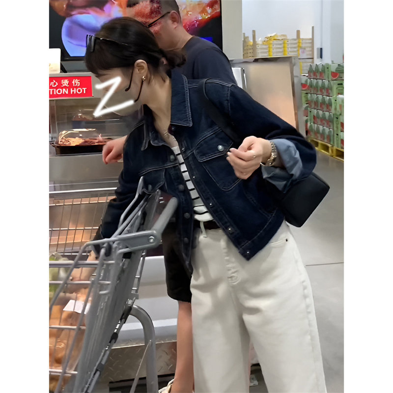 Dark Blue Denim Jacket for Women, Spring and Autumn New Style, Korean Fashion, Stylish Short Style, Hong Kong Style, Versatile Long-Sleeved Top Jacket