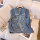 Retro ລ້າງສີຟ້າສີ່ຫລ່ຽມຄໍເສື້ອ vest ຂອບດິບສໍາລັບແມ່ຍິງ