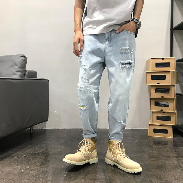 2024 Spring New Jeans Men's Straight Leg Loose Trendy Brand Hole Patch Nine Points Light Color Casual Harem Pants