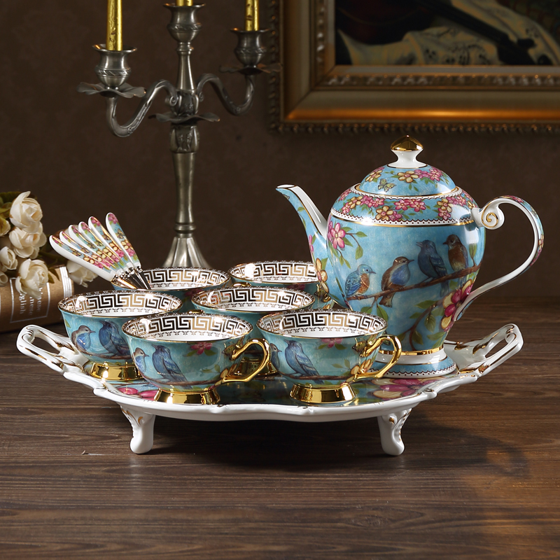 Eurostyle Small Lavish Bone China Porcelain Coffee Tea Furniture Set Home Ceramic Cup English-style afternoon tea teapot cup with depository