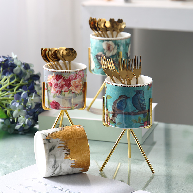 Creative Home Cake Snack Fork Containing Jar Light Lavish Style Small Lavish Stainless Steel Fruit Fork Suit Fruit Sign Inserts