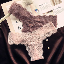 High-end European and American new eyelashes shallow double V waist T-shaped thong sexy low-waist underwear women's shorts lace mesh