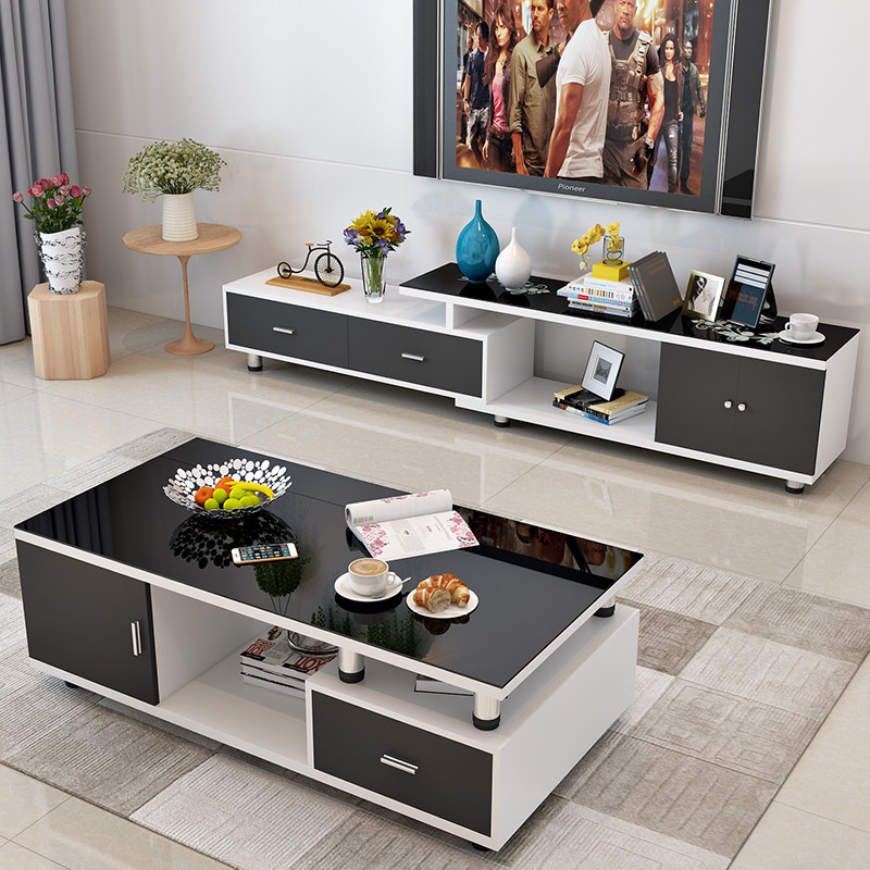 Simple modern tea table TV cabinet combination small family living room furniture fashion tempered glass tea table TV cabinet
