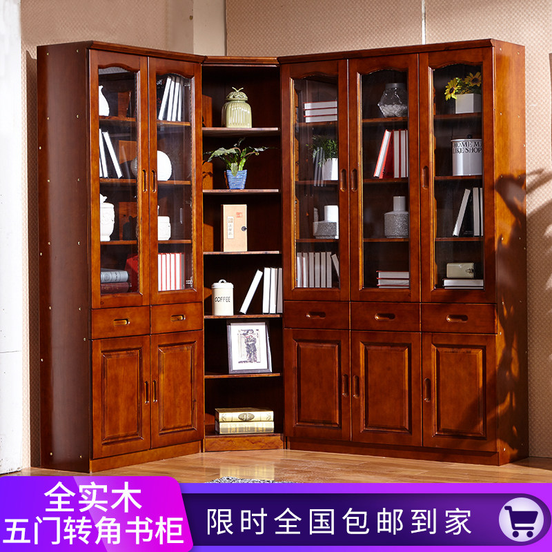 Modern Chinese solid wood bookcase combined three doors two-door full aroma Zhangmu bookcase with door bookcase bookshelf with glass door
