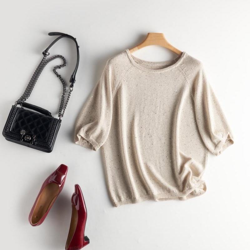 Natural Hemp Feel~Imported Japanese Paper Yarn Sequin Pullover Short-Sleeved Women's Round-Neck Loose Floral Yarn-Style Knitted Top