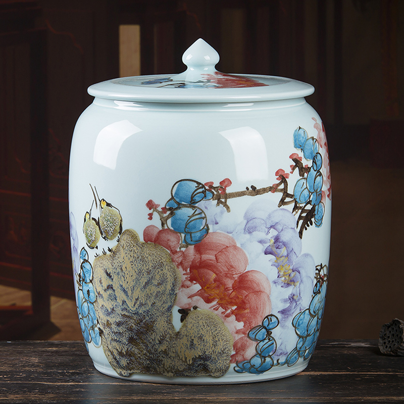 Hand painted ceramic rice cylinder rice barrel with lid moisture-proof and insect repellent storage tank flour vat large number 20 catty 30 catty 50 catty