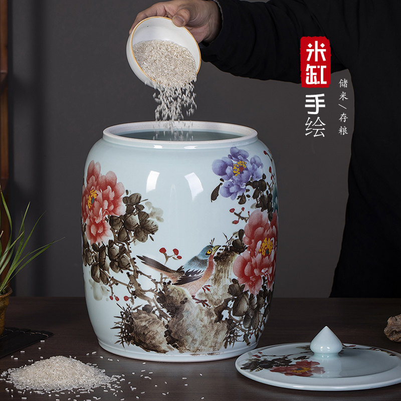 Jingdezhen hand - drawn ceramic cylinder rice bucket with cover 30 pound filled rice box household flour cylinder storage tank sealing tank