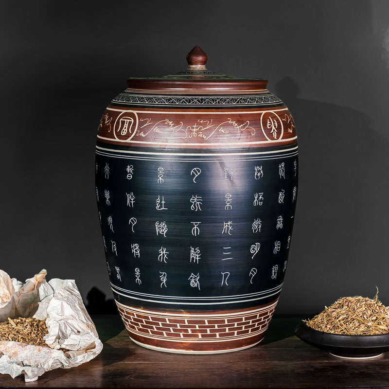 Jingdezhen ceramic rice cylinder with cover rice barrel hand carved retro moisture-proof rice tank wine altar Pickles 50 100kg