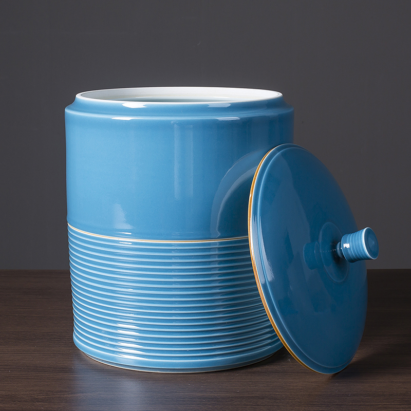 Jingdezhen handmade ceramic rice cylinder rice pail with lid large tea leaf jars 25 catty damp and insect proof sealed storage jar