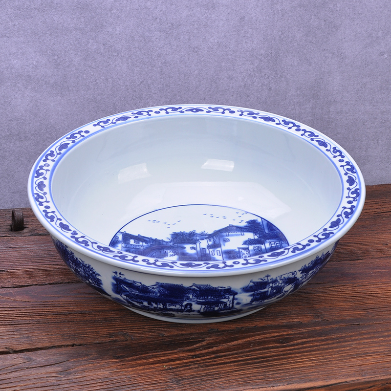 Jingdezhen Qinghua Blossom Ceramics Large Bowl of Sour Vegetable Fish Bowl Water Cooking Fish Basin Soup Bowl Thickening and Noodle Basin Knead Face basin