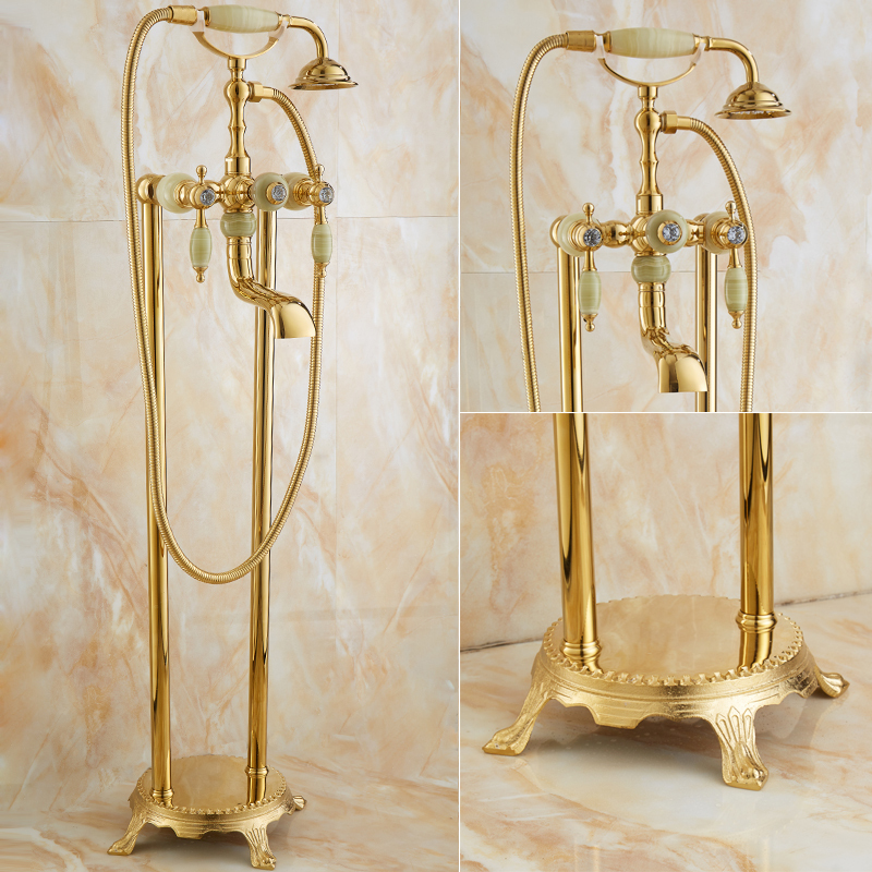 European-Style Golden Natural Jade Bathtub Floor-Standing Shower All-Copper Vertical Wooden Barrel Dragon Double-Column Bathtub Faucet European-Style Golden Natural Jade Bathtub Floor-Standing Shower All-Copper Vertical Wooden Barrel Dragon Double-Column Bathtub Faucet