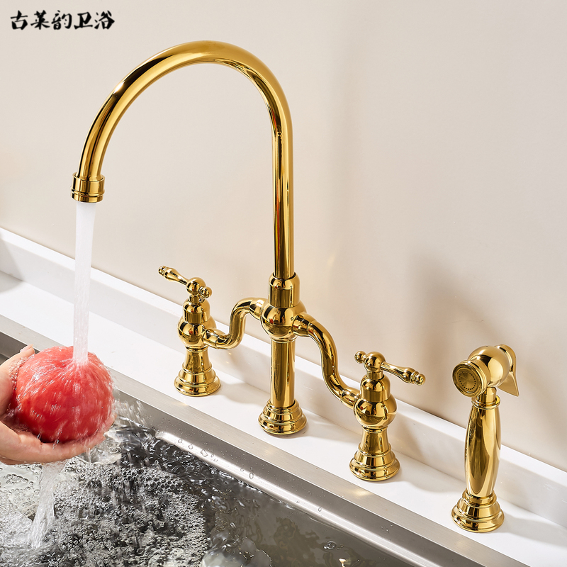 French-Style Retro Three-Hole Kitchen Faucet, Open Basin, All-Copper Double-Handle Hot and Cold Water Faucet, Rotating Gold Faucet