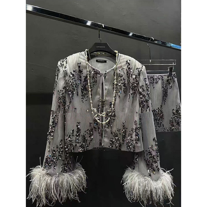 High-End Heavy-Duty Pleated Embroidered Sequin Jacket for Women, Ostrich Feather Soft Mist Deep Sea Top, Ultra-Luxurious Short Skirt Two-Piece Set