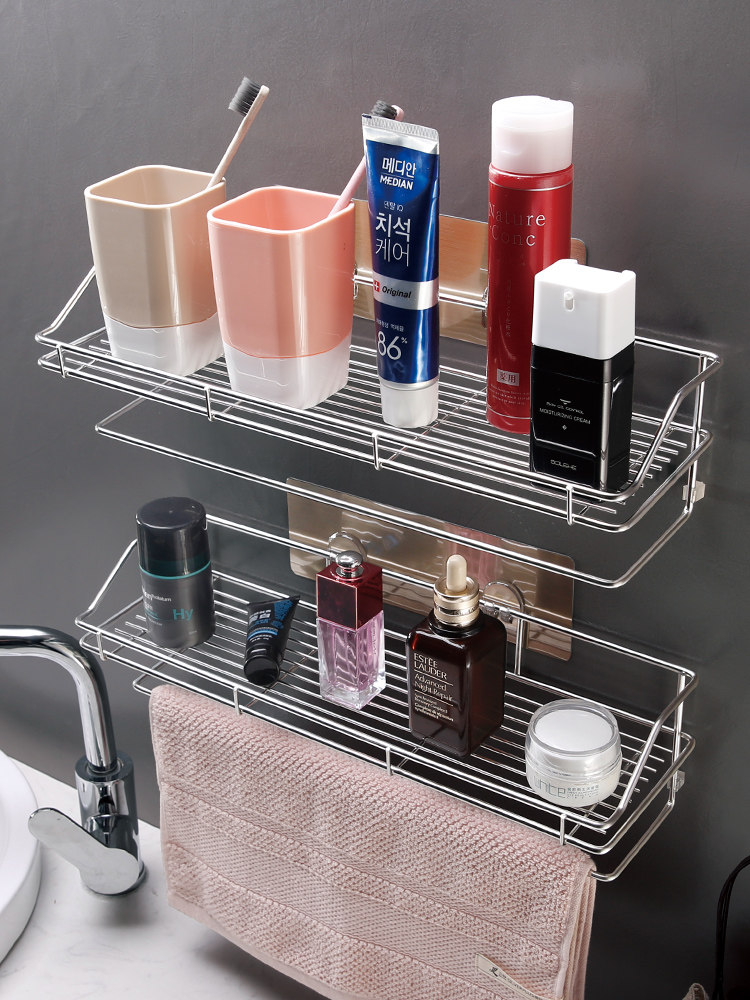 Shuangqing suction cup bathroom stainless steel shelf hole-free powder room storage shelf toilet wall-mounted shelf toilet