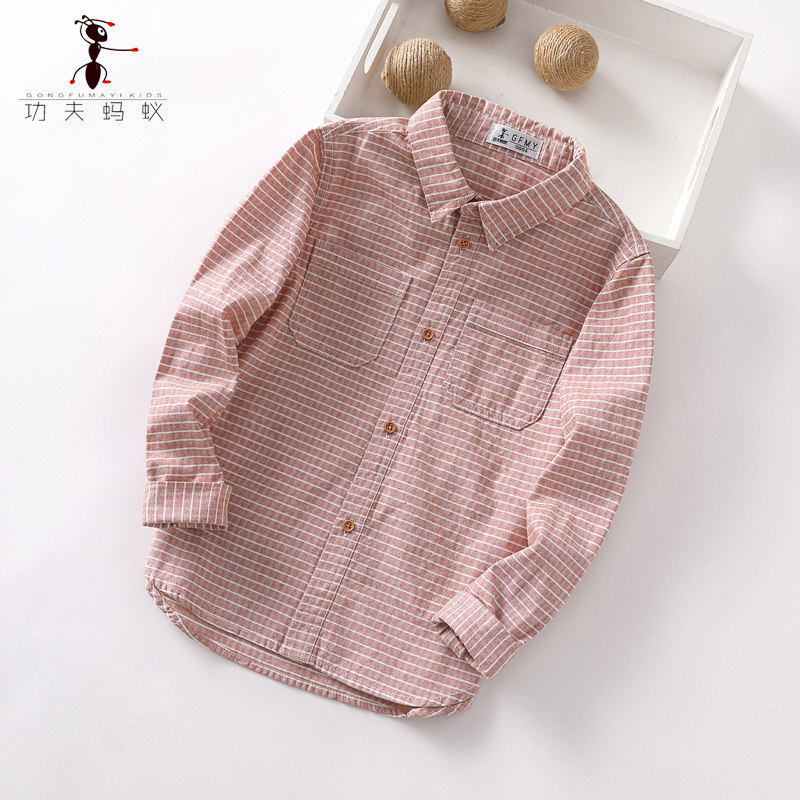 Boy plaid shirt pure cotton autumn clothing 2021 Spring and autumn style Inn Wind retro children Long sleeves shirt thin 5163