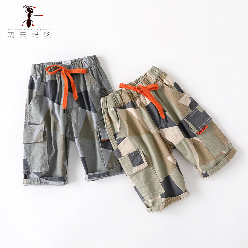 2020 summer new boy's geometric stitching pattern shorts middle and big children's cotton casual five-point pants 5144