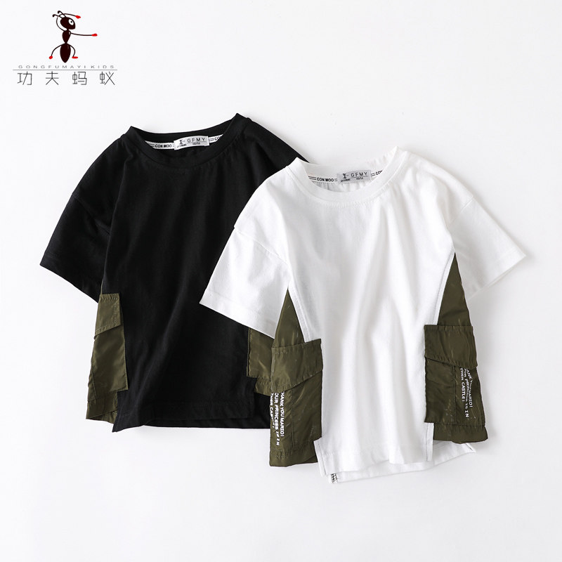 2020 summer new products, big children's personality, side stitching and contrast color boys' cotton children's short-sleeved T-shirt 5143