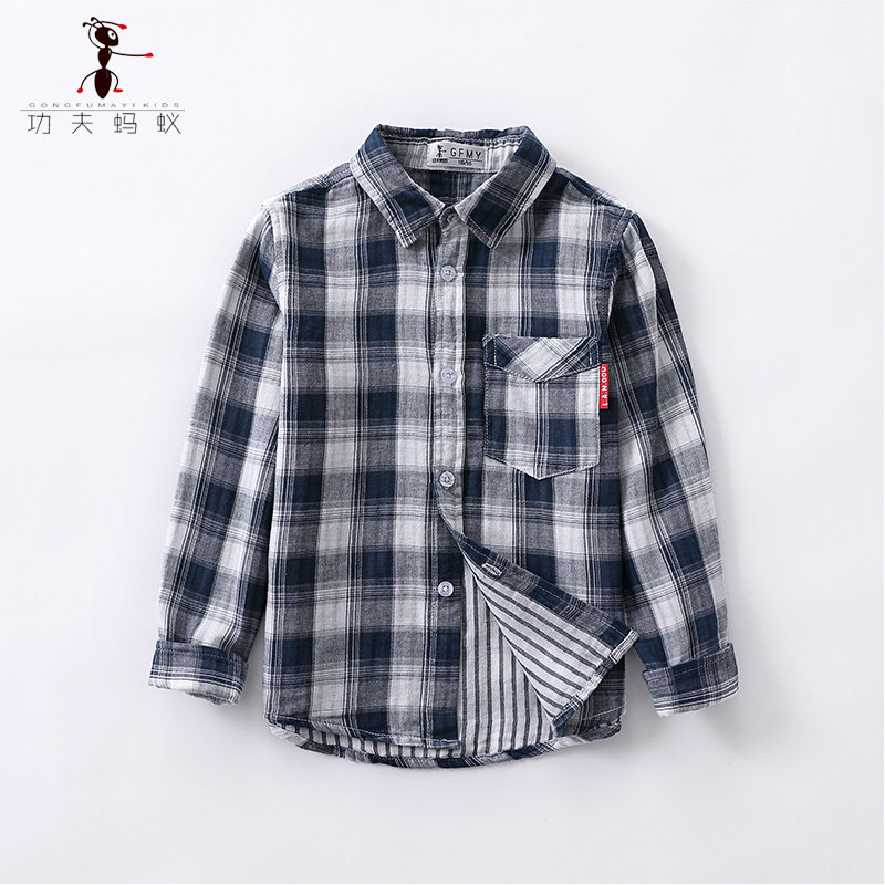 Boy Plaid Shirt Long Sleeve 2021 New Autumn Clothing Children Pure Cotton Shirt Double CUHK Boy Blouse Tide 4006