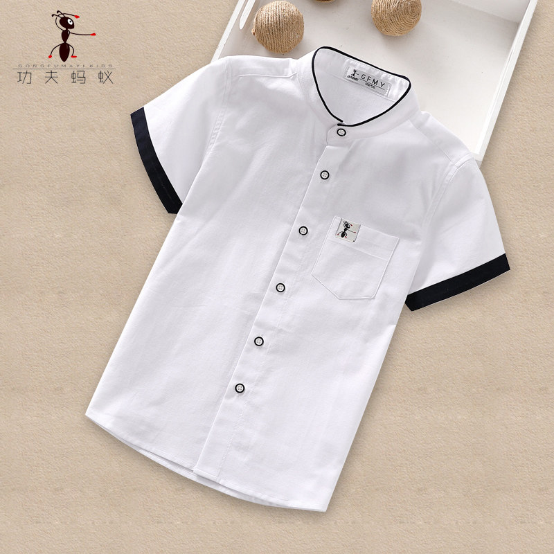 2021 Summer new children Black and white Short sleeves Shirt Tide College Wind Slim CUHK Boy Round Collar Shirt 5202