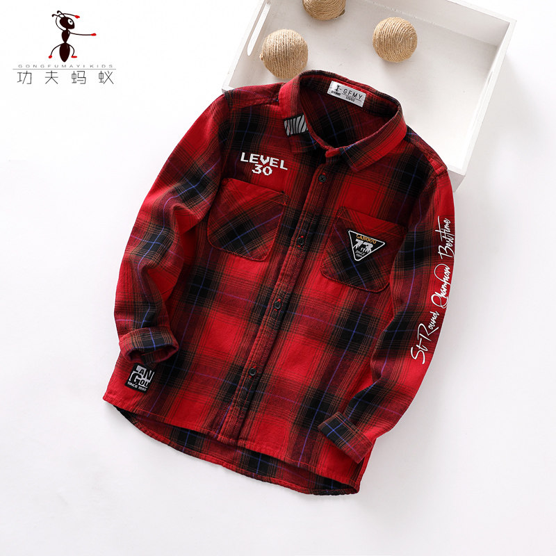 Spring and autumn boys' pure cotton red shirt 2021 spring new medium and large children's long-sleeved plaid shirt inch 5150
