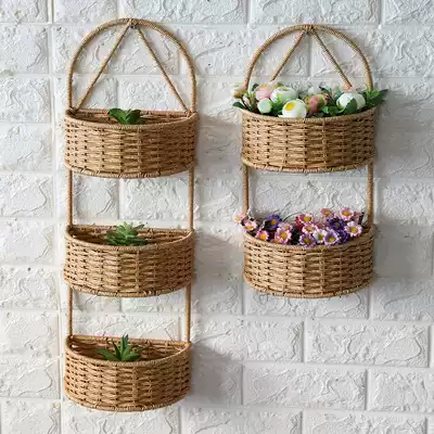 KENS woven hanging green plant potted basket straw multi-layer wall rack wall hanging bathroom hanging basket rack