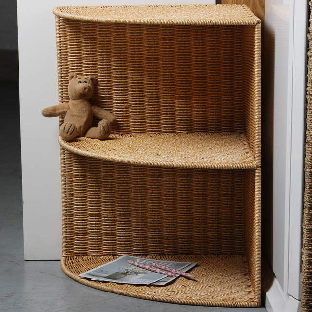 Kens living room corner storage rack imitation rattan tea room tea set storage rack fan-shaped ຫ້ອງນ້ໍາ ກະຕ່າເກັບຮັກສາຊັ້ນສອງ