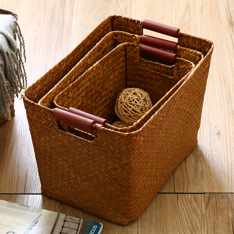 KENS straw-knitted containing basket with handle finishing storage basket storage basket snacks containing box non-willow