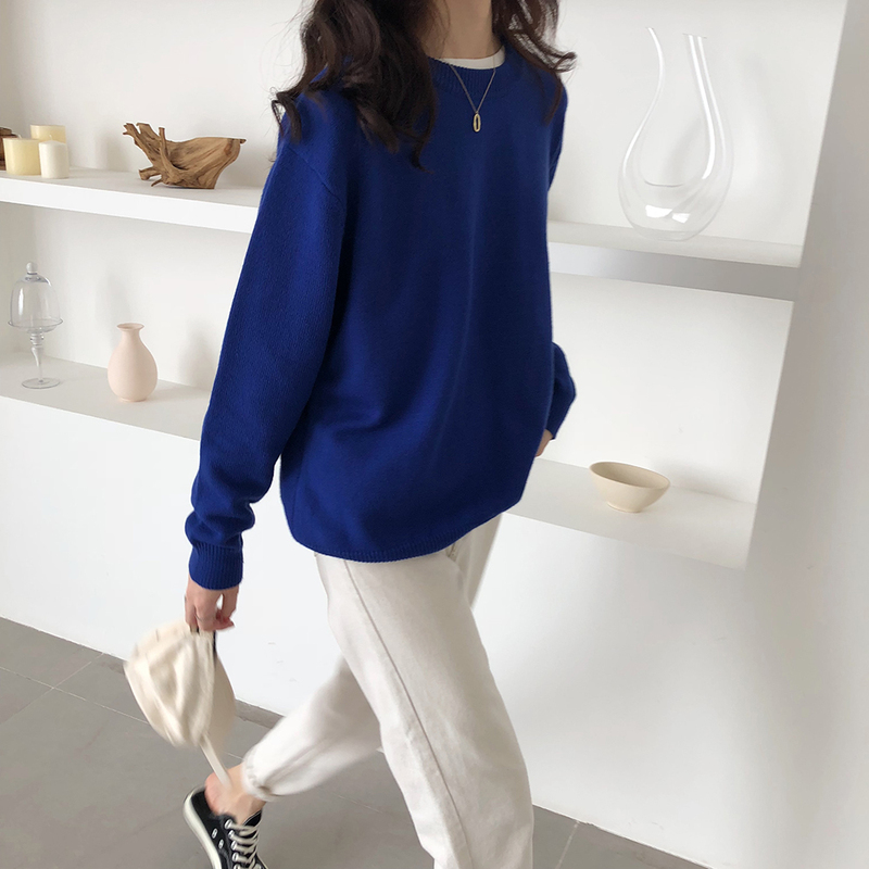 Sy LAOSHU Blue Sweater for Women, Pullover, Loose, Simple, Long-Sleeved, Klein Blue, Round Neck Knitwear, Korean Style